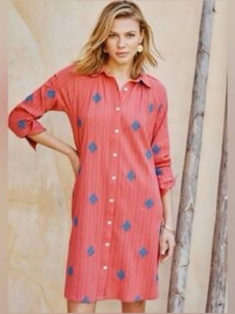 J. Jill Coral Button-Up Dress with Blue Diamond Motif
